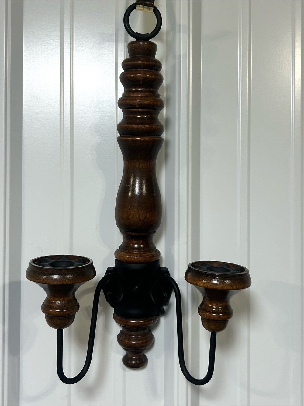 Wooden Wall-Mount Candle Sconce in Brown with Black Accents